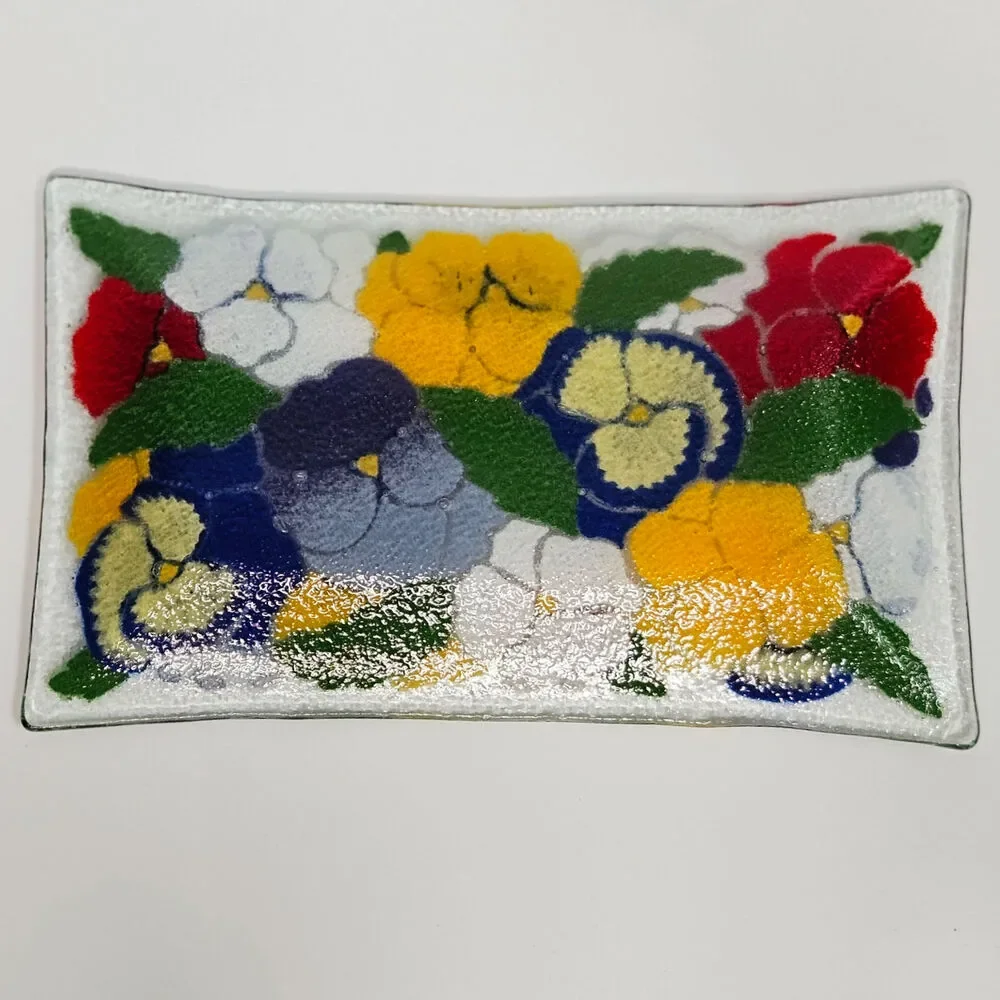 Vintage Peggy Karr Pansies Fused Art Glass Rectangular Tray | 1990s Trinket Dish